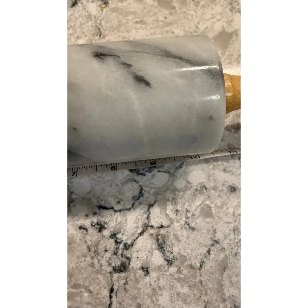 Polished White Marble Rolling Pin featuring Wooden Handles & Stand